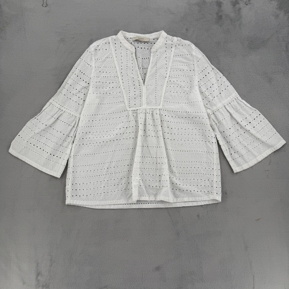 LOFT Tops - LOFT Blouse Top Womens Size M White Eyelet Cotton Split Neck Tiered Bell Sleeve